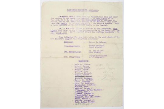 Sinn Fein Ard Fheis 1917, document proposing membership of the Sinn Fein Executive 1917-18. Outlines