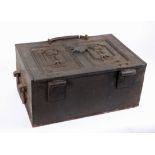 A Victorian steel revenue or military paymaster's strong box. The hinged cover with two panels