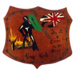 1974 Long Kesh prisoner art, the burning of Long Kesh. A shield-shaped teak plaque painted with