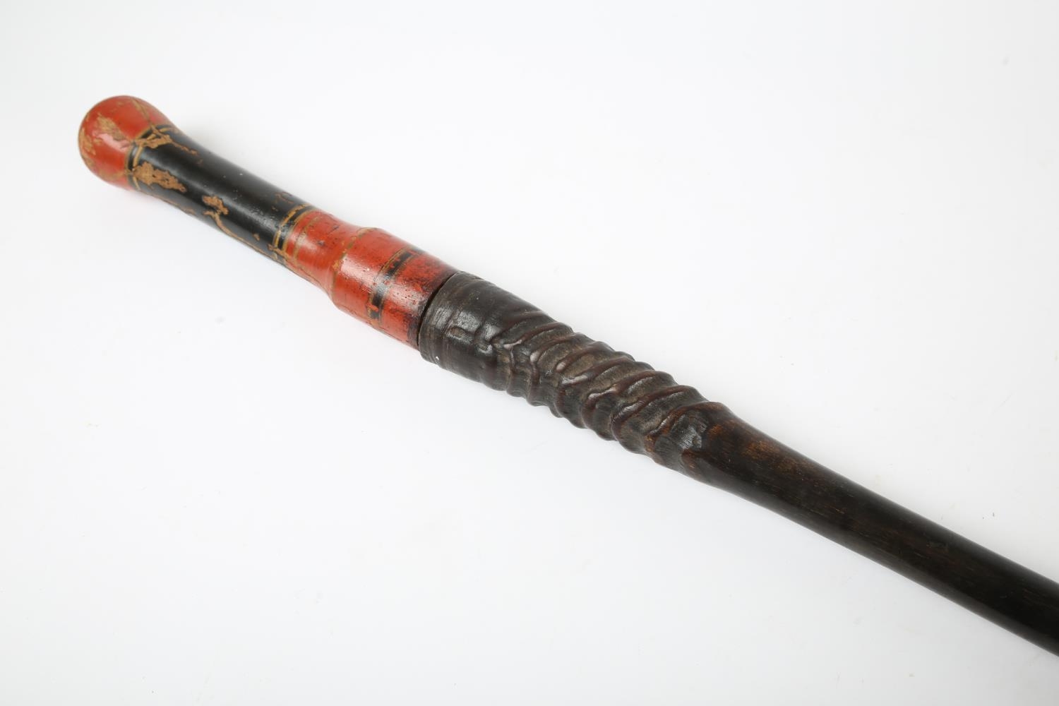 Indian Oryx-horn staff, the horn mounted with a red, black and gilt, turned-wood handle. 37" ( - Image 2 of 2