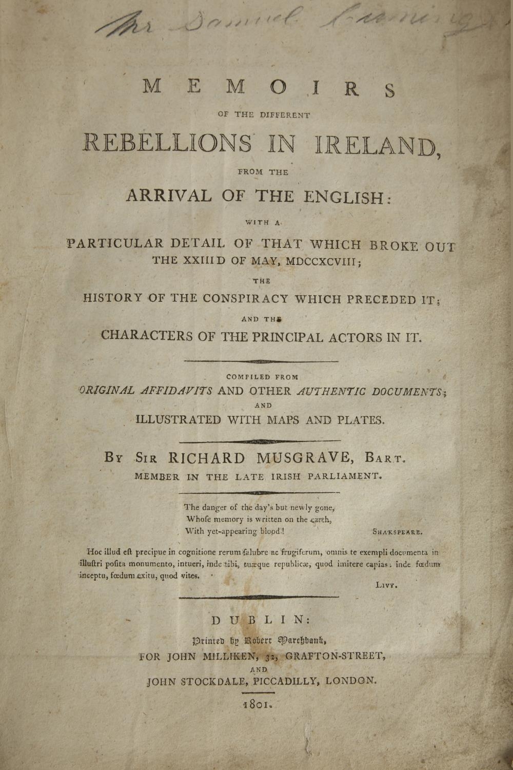 Musgrave's Rebellions. Musgrave, Sir Richard. Memoirs of the Different Rebellions in Ireland from - Image 3 of 3