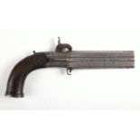 Early 19th century, turn-over barrel, percussion pistol, the butt with steel hinged cover to patch-