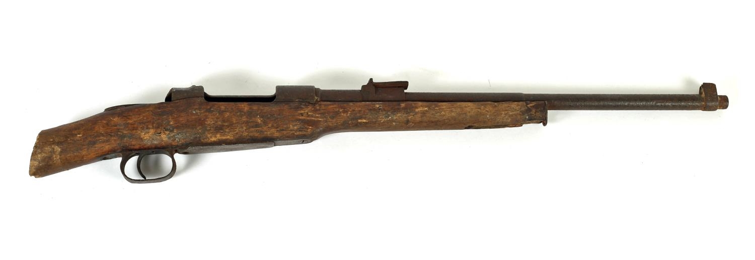 A 1914 -1918 German Mauser carbine rifle, the stock cut down and lacking bolt, in relic condition, - Image 2 of 4