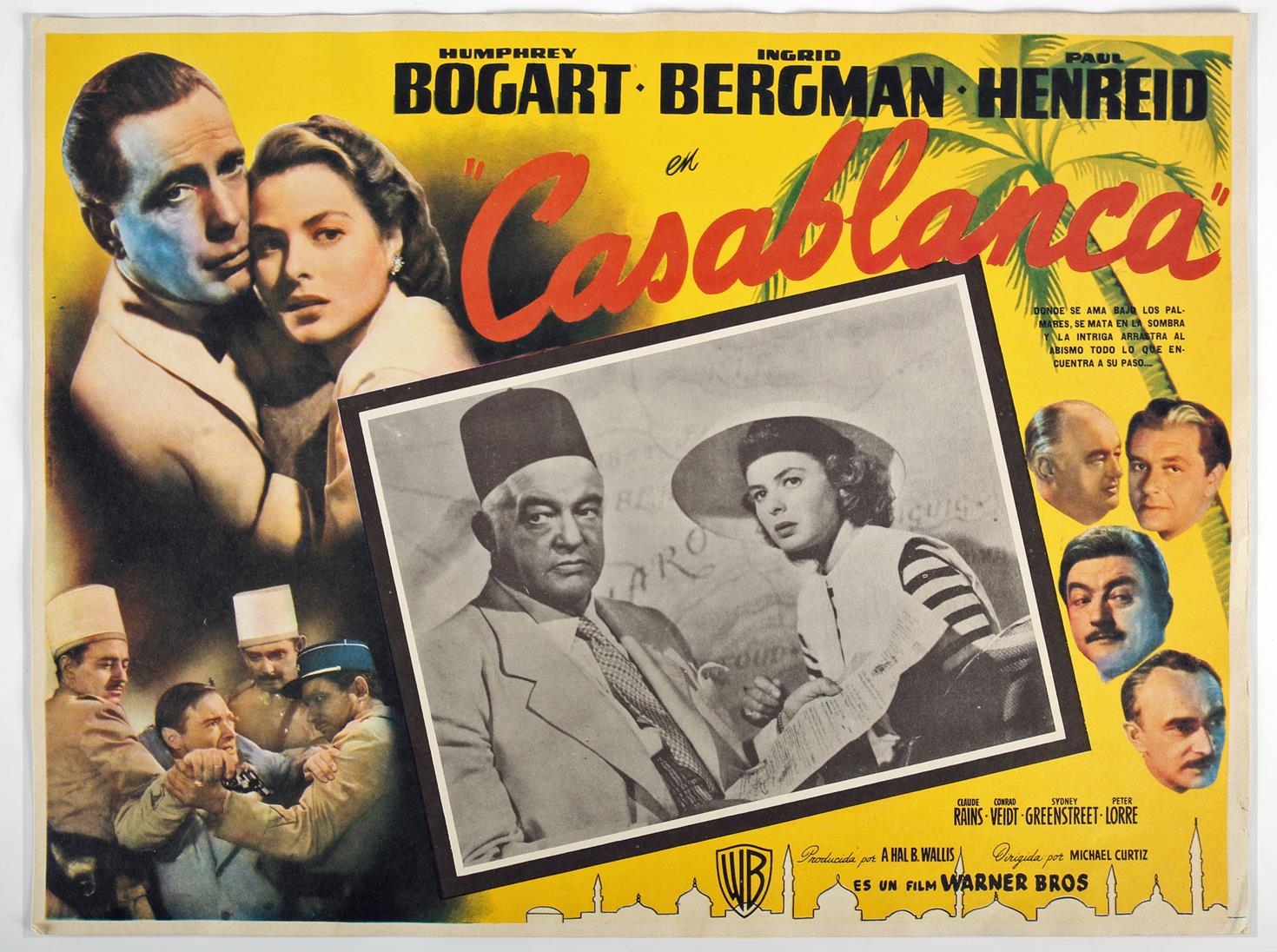 Casablanca. Warner Bros., R-1950s, Mexican lobby card, 12½" x 16½" 32 x 42cm). Scarce.