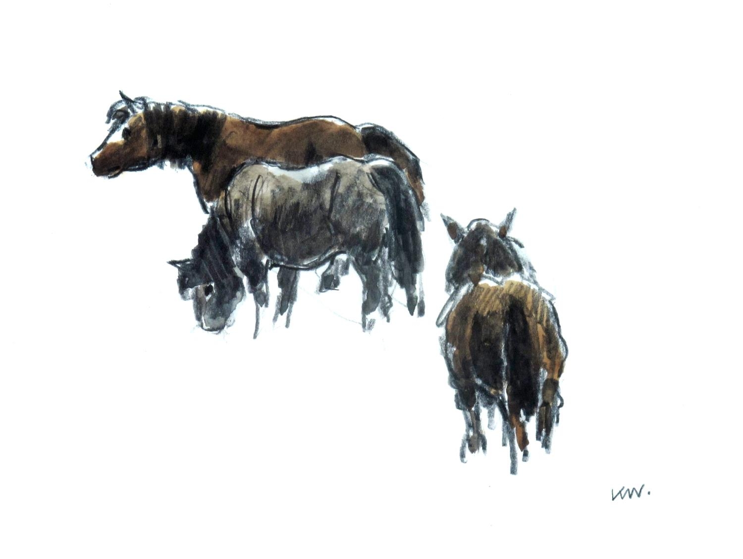 After Sir Kyffin Williams RA. Three Welsh ponies. Colour print, 10" x 13½" (26 x 34cms) Printed