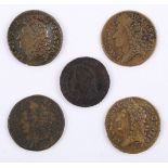 Coins, Ireland James II gunmoney. Four large shillings, 1689, Augt., Oct:, Dec:, Mar:, also a weakly