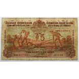 Banknote. Currency Commission Consolidated Banknote, 'Ploughman', Northern Bank, Five Pounds 15-3-33