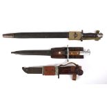 Three bayonets. A British P1907 Lee Enfield SMLE bayonet with round frog stud by Sanderson, dated