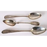 A George III Irish silver bright cut tablespoon; Dublin, 1799, maker's mark rubbed, possibly James