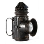 Edwardian Royal Irish Constabulary bullseye lantern, the black japanned body with two folding