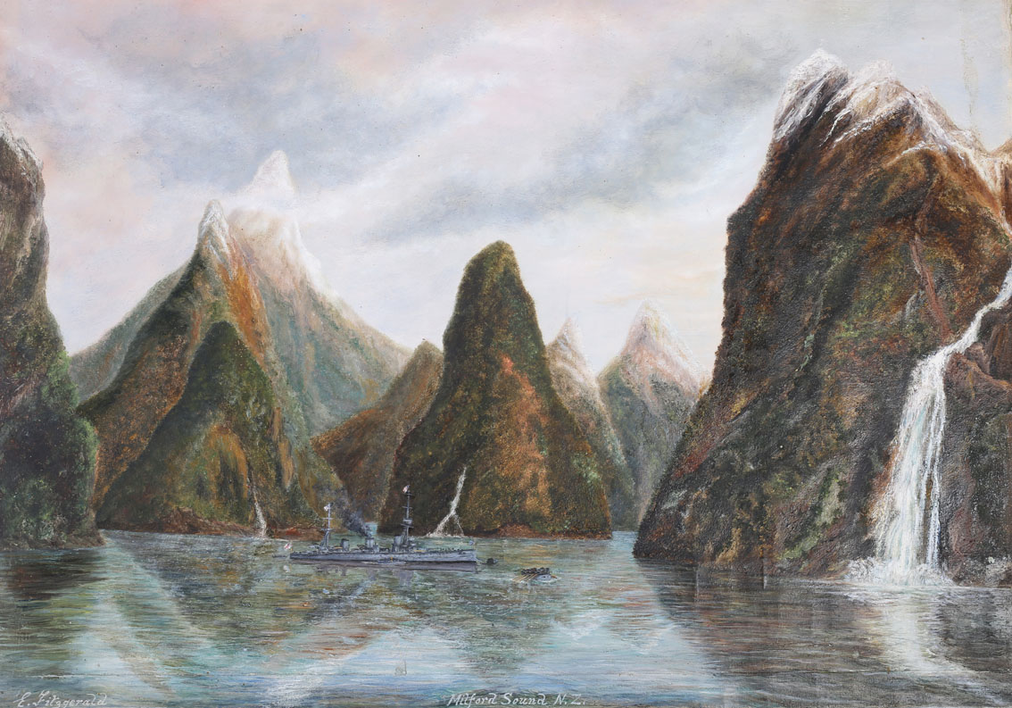 Edward Fitzgerald (b.1876) Irish Milford Sound N.Z. & HMS New Zealand at anchor (2) Oil on canvas,