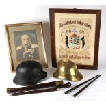 Collection of Imperial German militaria. A military hardwood and white metal flute in leather-