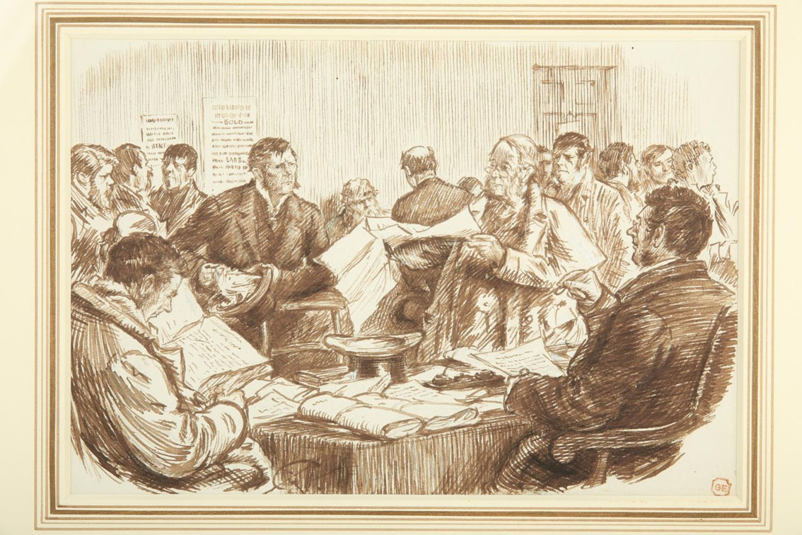 Charles Samuel Keene (1823-1891) English Scene in an Irish Land Court. Pen and ink, 7" x 10" (18 x