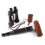 Early 20th century black enamelled and hide- covered aluminium three-draw 60mm spotting telescope,