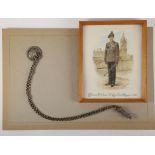 A Rifles white metal pouch belt boss and whistle, together with seven framed colour prints of