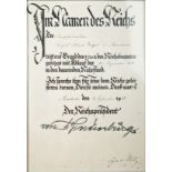 1933 Germany. A part printed part handwritten document in German signed 'von Hindenburg' 11½" x