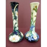 Modern Moorcroft two long necked flat bottom vases with floral decoration both by Kerri Goodwin, one