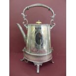 Large Georgian style EPBM oval spirit kettle with bright cut decoration - Ht 38cm