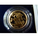 Millennium gold sovereign 2000 proof, cased with certificate