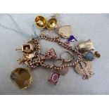 9 ct. gold charm bracelet with fifteen gold charms including Msonic globe with folding out symbols