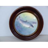 Minton circular porcelain plaque with decoration of salmon, signed A H Wright 1917 - diameter 12