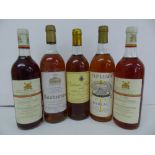 Five bottles of sweet wines - 1) 1975 Sauternes (top of shoulder), 2) 1976 Chateau Laurette (