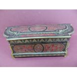 Good 19thC French red boulle work and ormolu mounted box with lift up lid, fold down front, curved