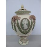Wedgwood three colour Jasperware pot pourri urn with bud finial, gadrooned border, ram masks, swags,