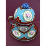 Good quality Continental enamel and metal chocolate cup, cover and saucer with flower finial, oval