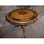 Victorian inlaid floral marquetry circular pie crust occasional tripod table - diam. 36 ins.