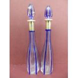 Pair of French 20thC silver collared blue cameo cut glass elegant liqueur decanters - Ht. 34 cm