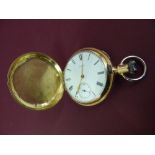 14 ct gold cased Waltham Hunter top winding pocket watch with white enamel dial, Roman numerals,