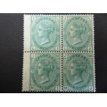 1873-8- 1 shilling green block of four WMK spray