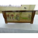 Liberty of London, Arts and Crafts walnut overmantel with lithographic Dutch scene by Henri Cassiers