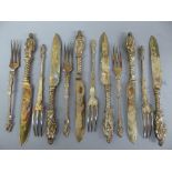 Set if six pairs of Victorian silver gilt apostle topped fruit knives and forks - Sheffield 1873 -