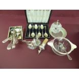 Collection of small items of silver including fish salt, quaich, pheasant stopper, butter dish,