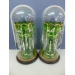 Pair of good large castle topped painted green glass lustres with fourteen prism drops each. Ht,