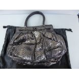 Zagliani Milano metallic silver python large puffy handbag with charcoal suede interior, original