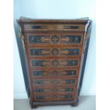 Good Quality Victorian burr walnut inlaid seven drawer chest with galleried top, ormolu ram mask