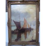 F M Everett, Unloading fishing boats, Oil on canvas, Signed dated 1889, 37 x 24 ins.