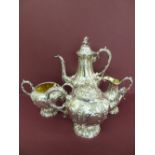 Good quality four piece electroplated coffee and tea service of fluted form with acanthus leaf and