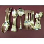 A collection of 18 / 19thC silver flatware (4 serving spoons London 1824, 6 dessert forks London