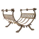Antique French Bronze Firewood Stand , incised top rail held by lions, paw feet, h. 16 in., w. 24