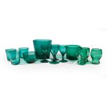 Group of Antique Green Blown Glass Tableware , incl. wine rinser, fingerbowl and 6 goblets; together