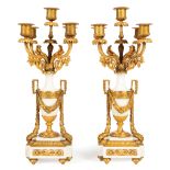 Pair of French Gilt-Bronze Mounted Marble Five-Light Candelabra , central urn, mounted with floral
