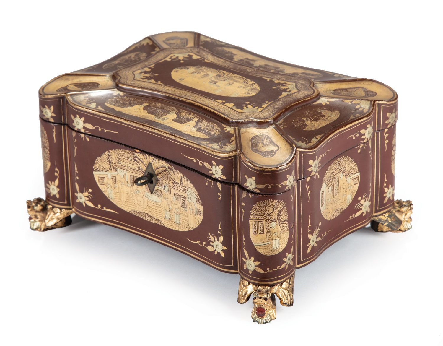 Chinese Gilt-Decorated Brown Lacquer Tea Caddy , 19th c., shaped rectangular form decorated with