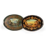 Two Antique Continental Tole Peinte Trays , with reserves of Classical ruins, larger h. 16 1/2