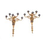 Pair of Regence-Style Champleve and Gilt Bronze Five-Light Sconces , cast with portrait busts and
