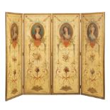 Antique French Painted Canvas Four-Panel Screen , c. 1900, depicting the mistresses of Louis XV,