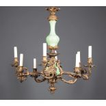 Antique French Gilt Bronze and Green Porcelain Eight-Light Chandelier , foliate arms, electrified,